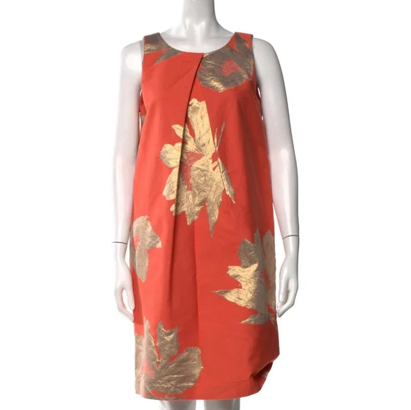 ANN MASHBURN Orange Gold Floral Susy Shift Dress Sz M Sleeveless Quite Luxury